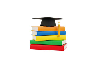 Stack of colorful books with graduation cap isolated on transparent background