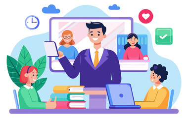 A man leads a virtual meeting with colleagues on a large screen and two others in person, showcasing online collaboration and modern workplace communication.