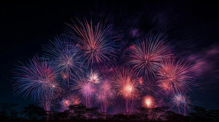 緑豊かな森と満天の星空を舞台に、夜空へと打ち上がる華やかな花火が光を放つ光景を撮影した写真。自然と都市の調和を表現し、ポスターやパンフレット、季節のイベント広告に使える幻想的な素材。