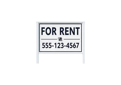 For rent sign with phone number isolated on transparent background