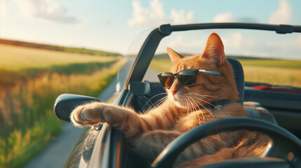 Cool Cat Driving a Convertible with Sunglasses