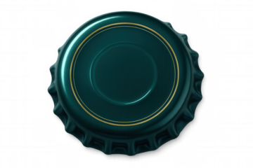 Close-up of a green bottle cap with golden stripes, isolated on a transparent background, creating a sleek and modern aesthetic