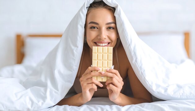 Woman in bed with white chocolate