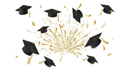 Academic accolades celebration with graduation caps and festive golden streamers