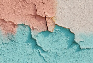 Obraz premium Close-up of cracked and peeling pastel-colored paint on textured wall
