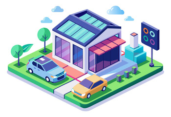 An isometric illustration of a smart home with solar panels, two cars, and a modern infrastructure. It showcases futuristic living, renewable energy, and connected technology.