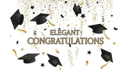 Festive graduation celebration graphic with academic hats and golden confetti