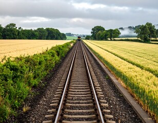 Obraz premium Train tracks through golden fields on a cloudy day