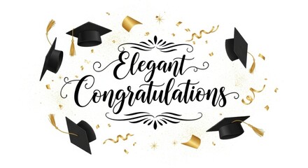Graduation celebration design featuring elegant calligraphy and mortarboards