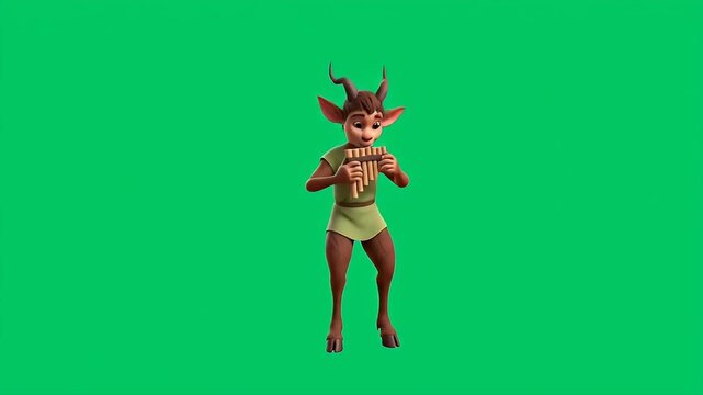 Joyful Animated Cartoon Satyr or Faun Playing Pan Flute on Green Screen