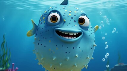 Animated Cartoon Puffer Fish Swimming Underwater.