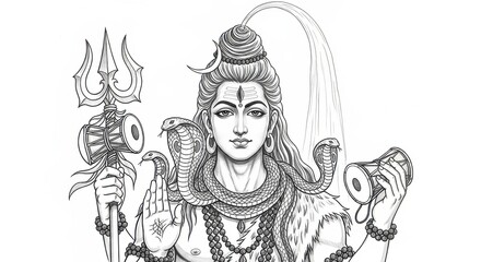 Detailed monochrome illustration of a deity holding a trident and drum