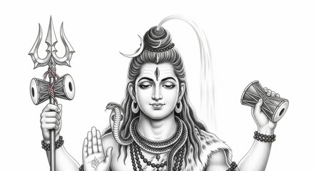 Obraz premium Monochromatic illustration of shiva with a trishul and damaru for hinduism faith
