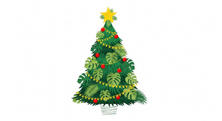 Fototapeta premium A tropical christmas tree with a star, lights, red ornaments and monstera leaves on a white background on transparent background