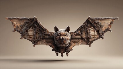 A detailed, voxel-art bat sculpture, appearing metallic and aged, with intricate wing details against a muted background.  The piece displays a blend of gothic and steampunk aesthetics
