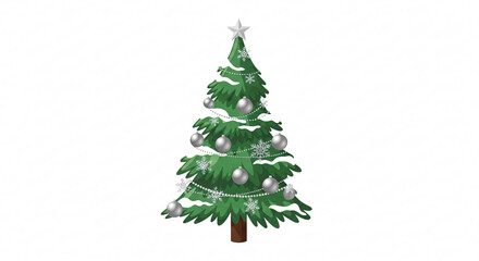Fototapeta premium A christmas tree decorated with silver ornaments and snowflakes on a white background isolated image on transparent background