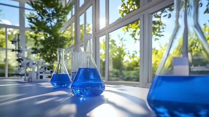 Modern biotech solution lab workflow. Laboratory scene with blue liquids in glassware, sunny greenery for biotech companies presentation