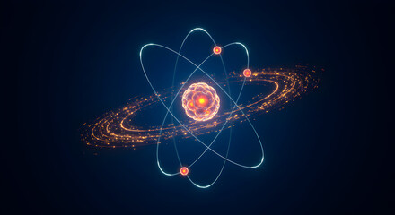 Vibrant Atomic Model: Glowing Nucleus, Electron Orbits & Energy Particles