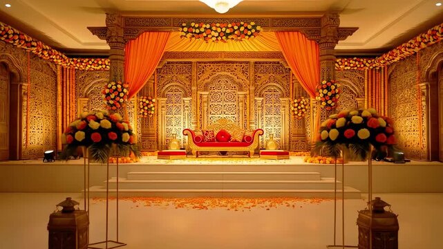 Opulent Indian Wedding Stage Decor Intricate Carvings Warm Lighting Floral Arrangements.
