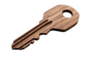 A wooden key is displayed against a isolated background, showcasing its intricate design and smooth texture.