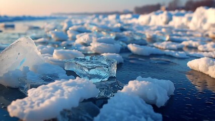 Clear Ice Blocks On Frozen Lake Shore - Powered by Adobe