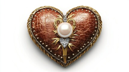Naklejka premium Exquisite heart shaped vintage brooch with pearl and diamond embellishments set against a white