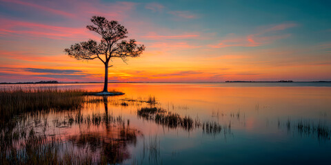Obraz premium Serene Sunset Over Calm Water with Lone Tree Silhouette