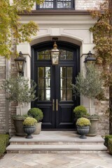 Fototapeta premium Elegant Home Entrance: Black Doors, Brick Facade, and Lush Greenery