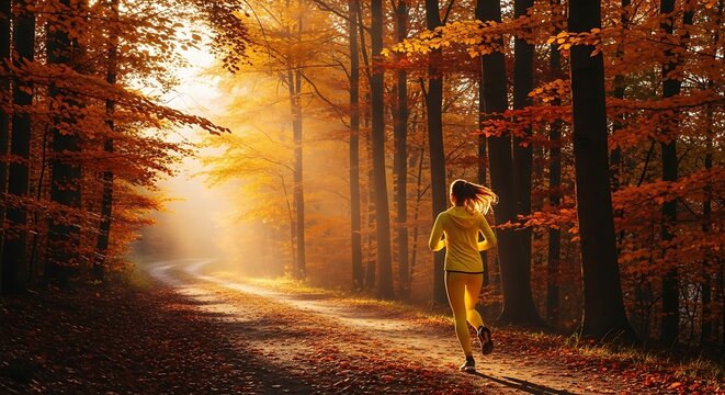 Woman jogging in autumn forest path - Powered by Adobe