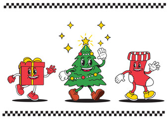 Three cheerful Christmas mascot characters including gift box tree and stocking with cute faces waving hands. Holiday concept