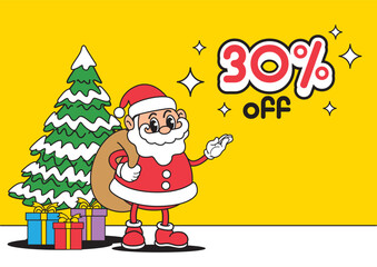 Santa Claus character presenting thirty percent off Christmas sale promotion banner with decorated tree and colorful gift boxes. Business concept