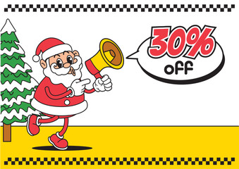 Santa Claus character announcing 30 percent off Christmas sale promotion using yellow megaphone with white speech bubble. Business concept
