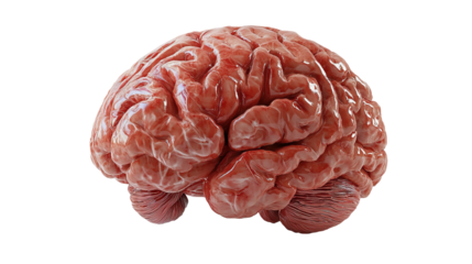 Anatomical brain model displays intricate surface textures and folds against a stark background.