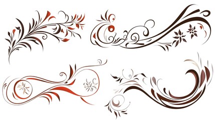 Fototapeta premium Elegant Floral Swirls Design Elements Set, Red Brown Flourishes