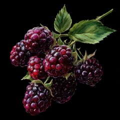 Fototapeta premium Close-up of Fresh Blackberries with Green Leaves on a Dark Background