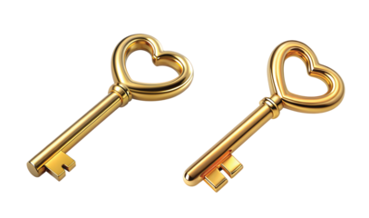 Heart-shaped Key: A metallic key with heart-shaped top handle, shiny gold finish, isolated PNG