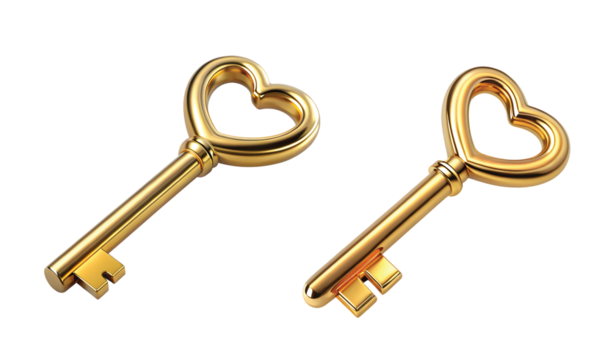 Heart-shaped Key: A metallic key with heart-shaped top handle, shiny gold finish, isolated PNG