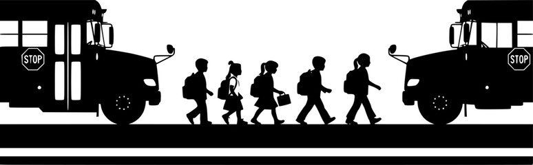 Silhouette of children crossing the street between two school buses at a bus stop on a white background | editable eps vectors