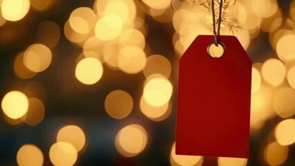 Red tag with white wording indicating a gift or present, set against blurred background of lights and bokeh effect. - Powered by Adobe