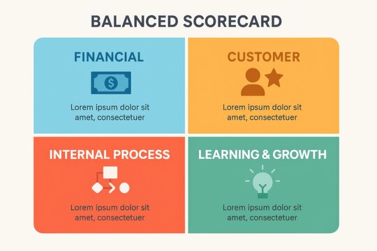 Balanced scorecard presentation showing financial, customer, process, and learning sections