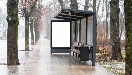 Blank Citylight Mockup at a Bus Stop on a Wet Snowy TreeLined Avenue.