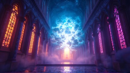 Cathedral of Dreams A Majestic Hallway of Ornate Stained Glass Radiating Warmth and Mystery with a Glimmering Doorway Beckoning at the End
