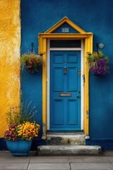 Fototapeta premium Vibrant Blue Doorway with Yellow Accents and Blooming Planters