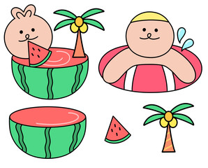 character, animal, face, summer, vacation, swimming, watermelon, sticker