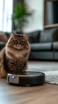A tabby cat sitting on a carpet next to a Roomba robot vacuum cleaner.