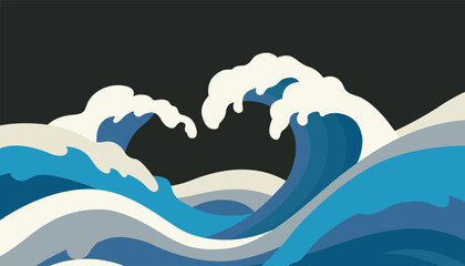 Stylized vector art of bold, layered Japanese waves in shades of blue and white against a black background, created in a modern papercut or kirigami style.
