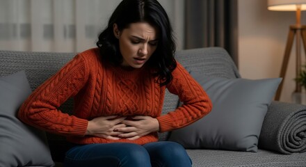 Obraz premium A young woman sits on a couch, clutching her stomach in apparent pain or discomfort. She appears distressed and is wearing an orange sweater. The setting is a dimly lit living room.