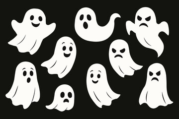 Obraz premium Cute and Scary Cartoon Ghosts Collection on Black Background – Halloween Character Set