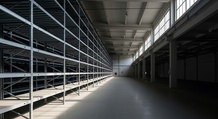 Fototapeta premium Vast interior of a warehouse with empty shelves, bathed in natural light industrial space prepared