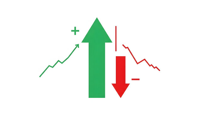 Green upward arrow and positive trend line contrasted with a red downward arrow and negative trend line.